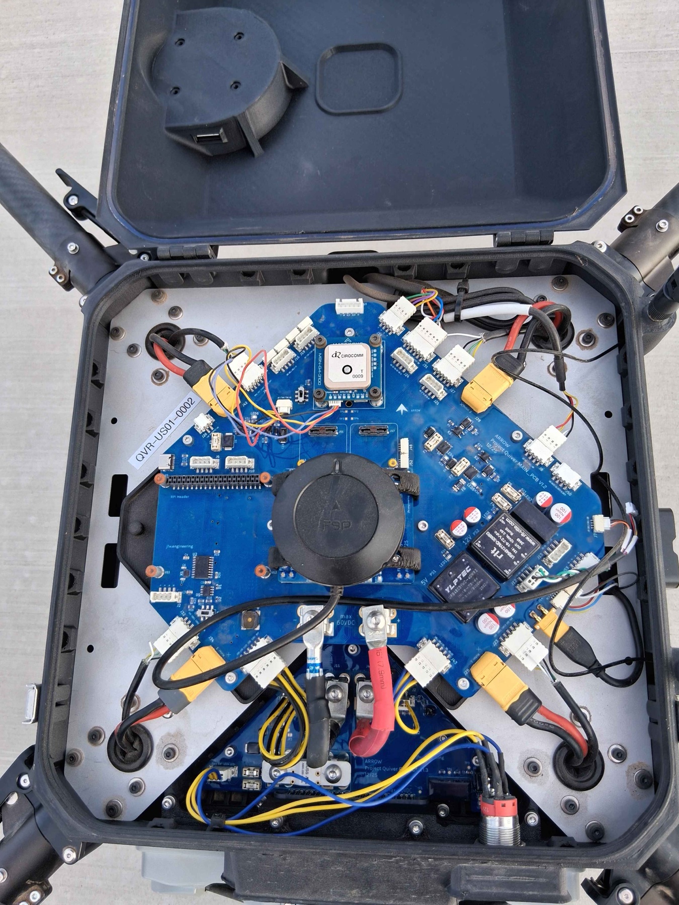 Quiver cockpit open, showing the Main PCB, GNSS, and power distribution